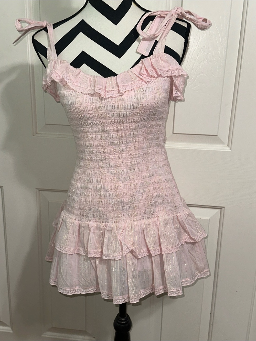 LoveShackFancy Sherina Smocked Ruffle Dress in Shimmer Pink